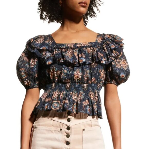 ULLA JOHNSON Warner Floral Ruffle Puff-Sleeve Peplum Blouse in Twilight SZ 2 - Picture 2 of 13